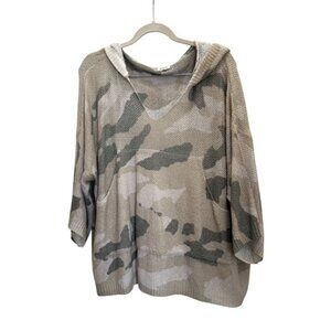 POL Camo Oversized Knit V Neck Sweater Hoodie Hooded Beige Green Neutral Small